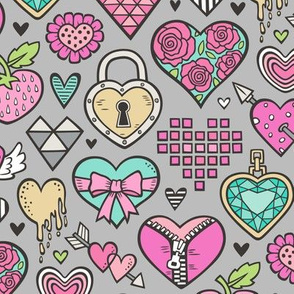 Hearts Doodle Valentine Love Pink & Mint Green Yellow on Grey