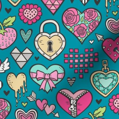 Hearts Doodle Valentine Love Pink & Mint Green Yellow on Blue