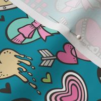 Hearts Doodle Valentine Love Pink & Mint Green Yellow on Blue