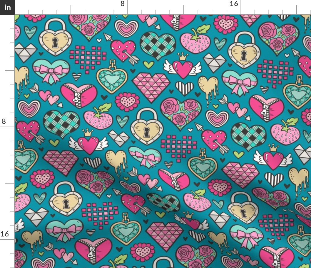 Hearts Doodle Valentine Love Pink & Mint Green Yellow on Blue