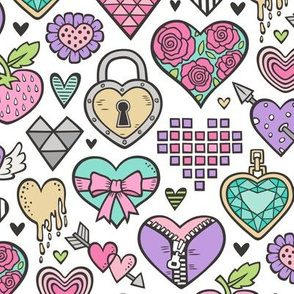 Hearts Doodle Valentine Love Pink & Lilac & Mint Green 