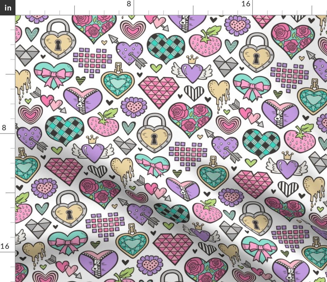 Hearts Doodle Valentine Love Pink & Lilac & Mint Green 