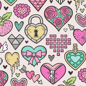 Hearts Doodle Valentine Love Pink & Mint Green Yellow on Peach