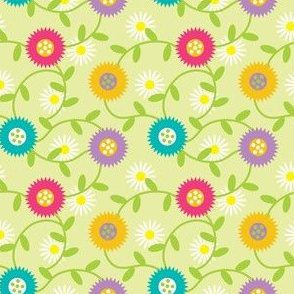 Cheery Mod Spring Flowers on Celery, Daisies, Retro Botanicals