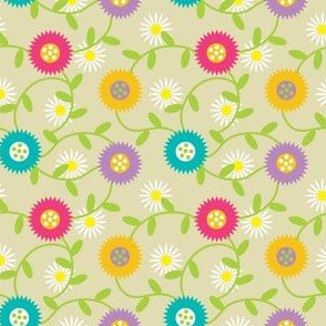 Modern Spring Flowers on Beige, Daisies and Marigolds, Polish Folk Style Botanicals