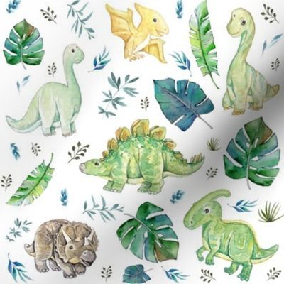 8" Green & Blue Baby Dinosaurs / White