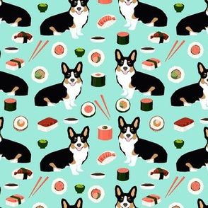 Tricolored corgi fabric dogs and sushi design - mint