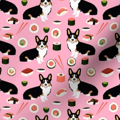 Tricolored corgi fabric dogs and sushi design - pink