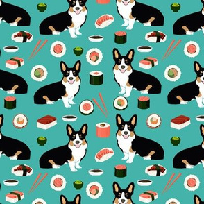 Tricolored corgi fabric dogs and sushi design - turquoise
