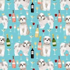 Shih tzu dog fabric - wine and dogs design - blue