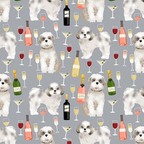 Shih tzu dog fabric - wine and dogs design - grey