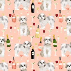 Shih tzu dog fabric - wine and dogs design - peach