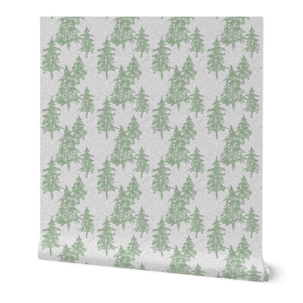 Evergreen Trees on Linen - Sage on Grey