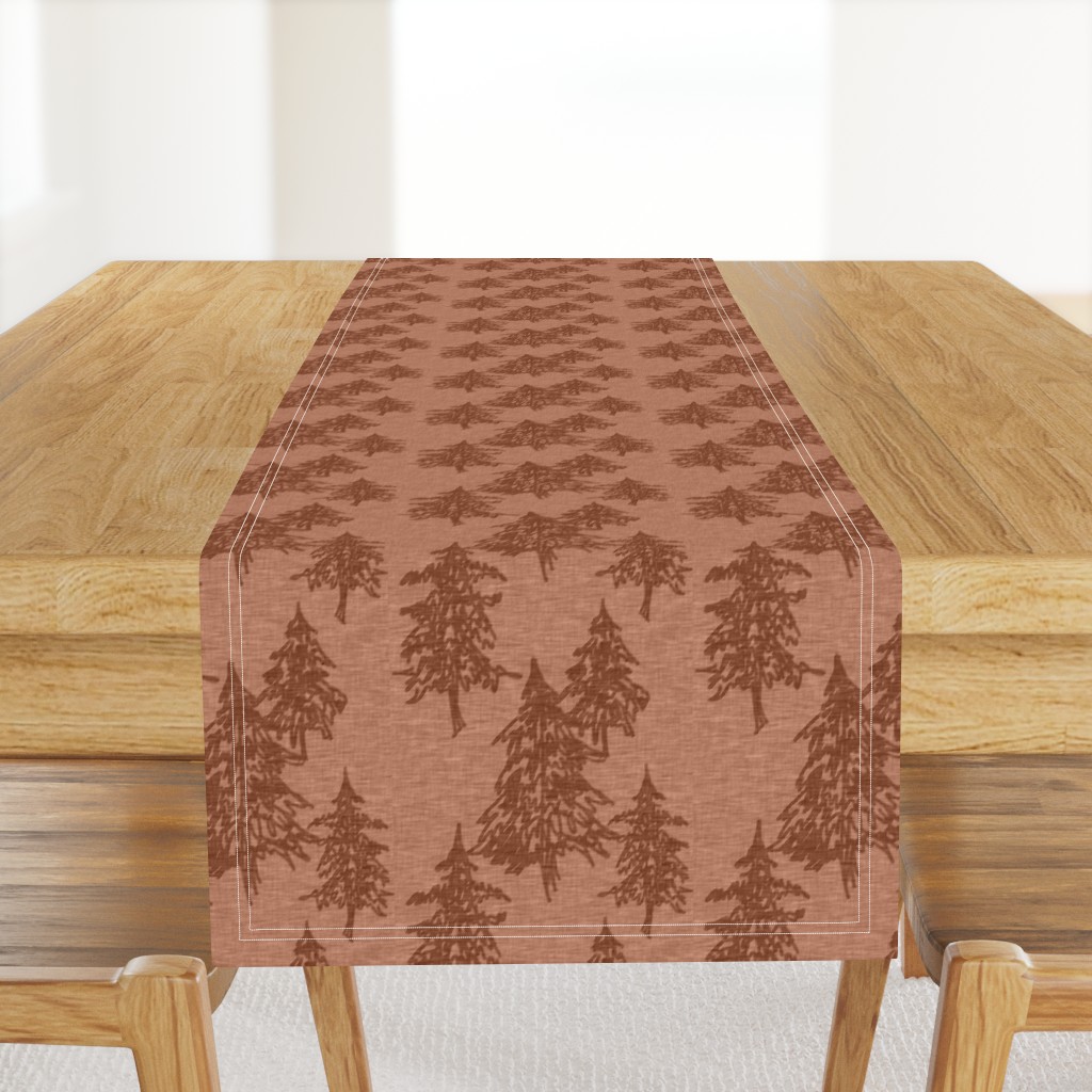 Evergreen Trees on Linen - rust red