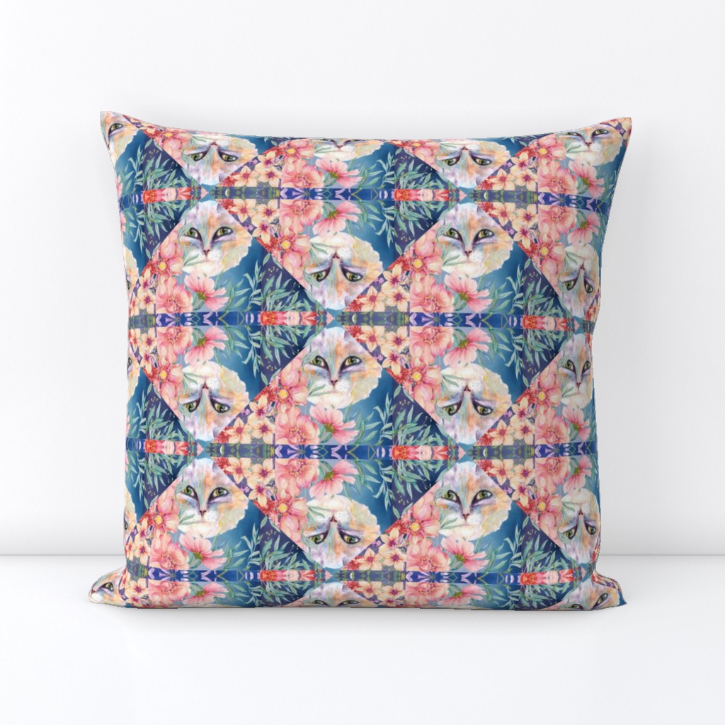 CAT AND FLOWERS WATERCOLOR TRIANGLES SQUARES CHECKERBOARD EMERAL CORAL