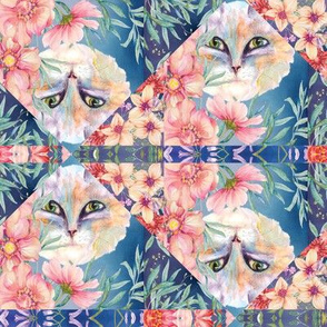 CAT AND FLOWERS WATERCOLOR TRIANGLES SQUARES CHECKERBOARD EMERAL CORAL