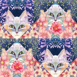 CAT AND FLOWERS TRIANGLE STRIPES WATERCOLOR INDIGO PURPLE