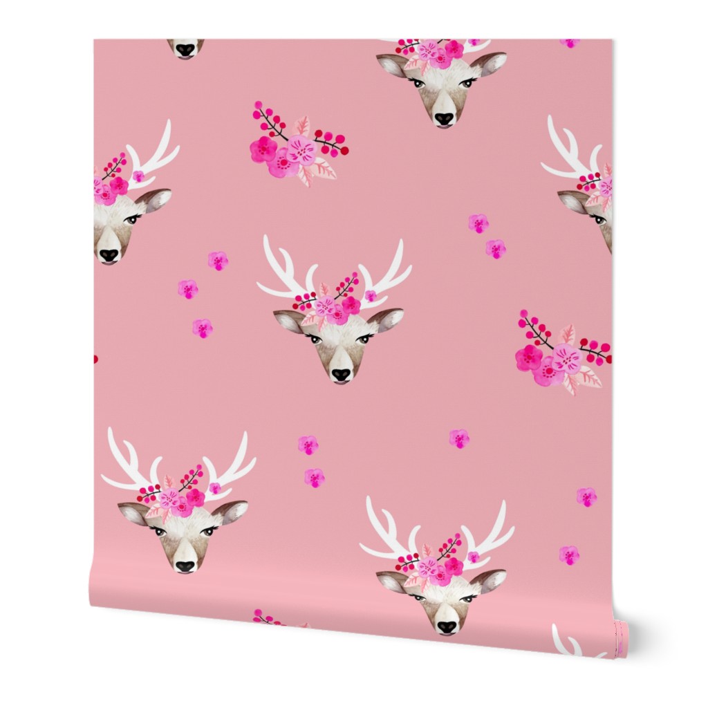 Romantic watercolor reindeer bohemian deer and summer blossom pink