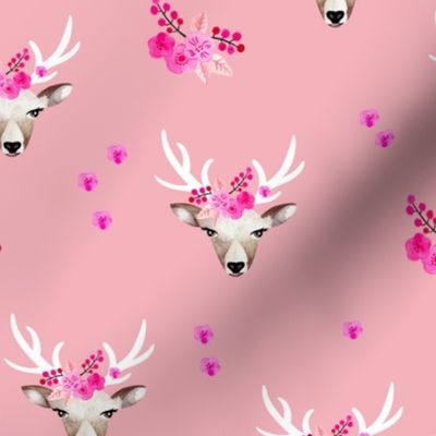 Romantic watercolor reindeer bohemian deer and summer blossom pink