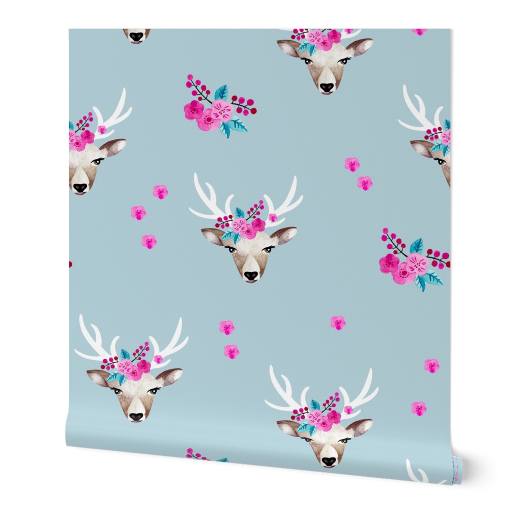 Romantic watercolor reindeer bohemian deer and winter blossom blue