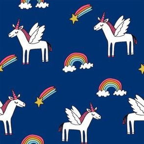 pegasus // magic unicorn shooting stars and rainbows nursery fabric navy