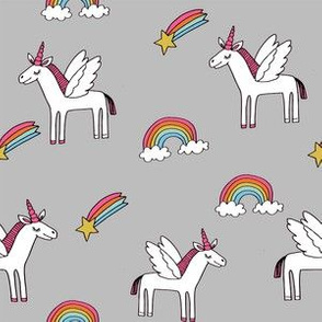 pegasus // magic unicorn shooting stars and rainbows nursery fabric grey bright