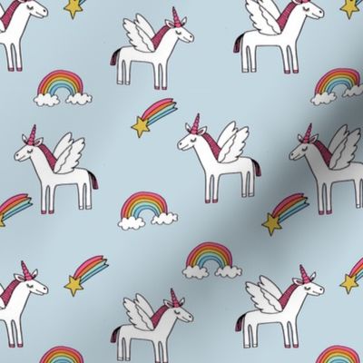 pegasus // magic unicorn shooting stars and rainbows nursery fabric light blue