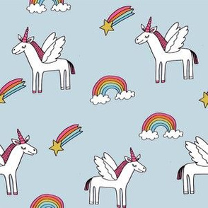 pegasus // magic unicorn shooting stars and rainbows nursery fabric light blue