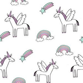pegasus // magic unicorn shooting stars and rainbows nursery fabric white