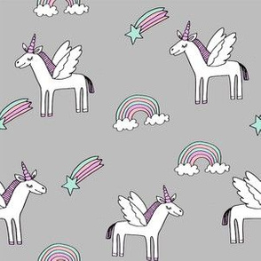 pegasus // magic unicorn shooting stars and rainbows nursery fabric grey