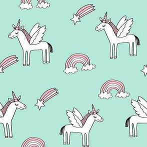 pegasus // magic unicorn shooting stars and rainbows nursery fabric mint light
