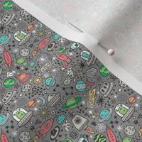 Space Galaxy Universe Doodle with Aliens, Rockets, Planets, Robots & Stars on  Dark Grey Tiny Small