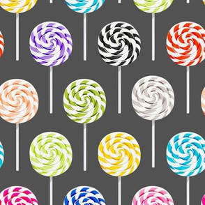 multi colored whirly pops on grey - lollipop fabric