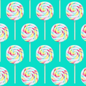 whirly pops -  multi pink on teal - lollipop fabric