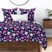 Roses Ranunculus Pansy on Navy Large