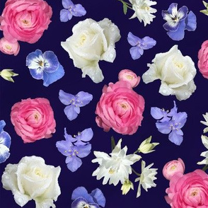 Rose Ranunculus Pansy on Navy Medium