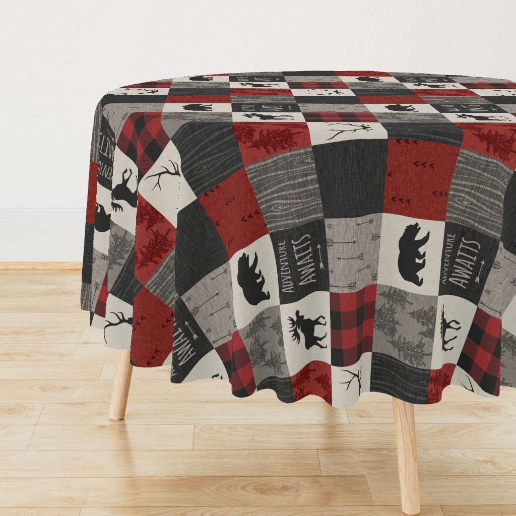 Adventure Awaits Quilt- Red, Black, Taupe, Cream - Rotated