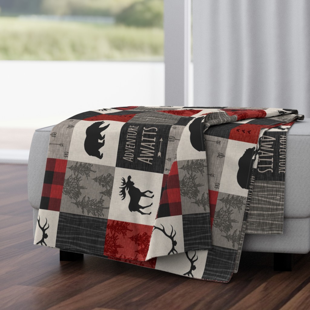 Adventure Awaits Quilt- Red, Black, Taupe, Cream - Rotated