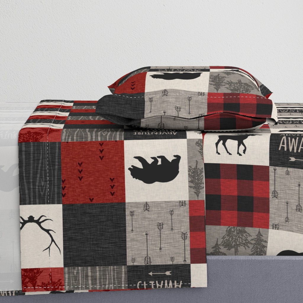 Adventure Awaits Quilt- Red, Black, Taupe, Cream - Rotated