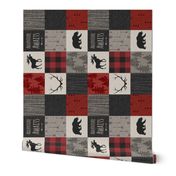 Adventure Awaits Quilt- Red, Black, Taupe, Cream - Rotated