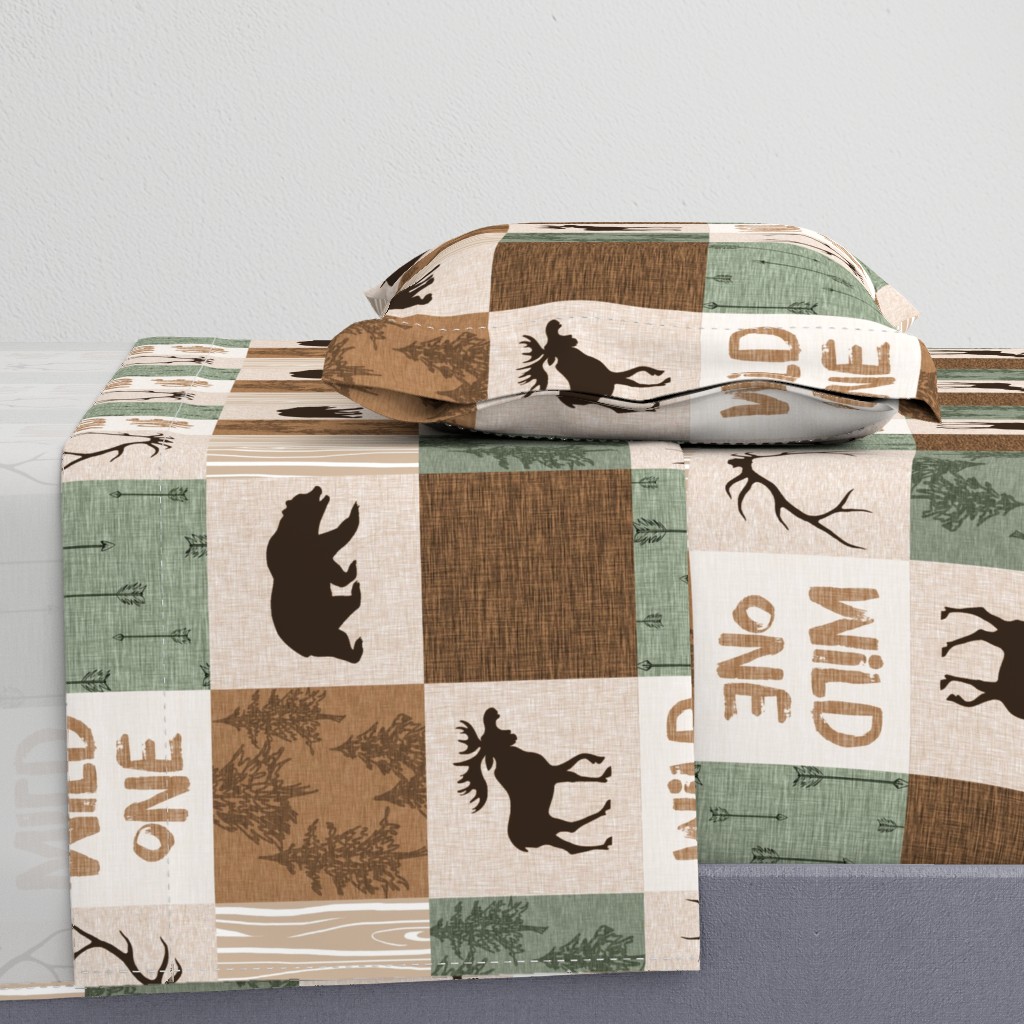 Wild One Quilt - green and brown - bear,  moose, deer, antlers, hunter