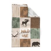 Wild One Quilt - green and brown - bear,  moose, deer, antlers, hunter