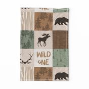 Wild One Quilt - green and brown - bear,  moose, deer, antlers, hunter