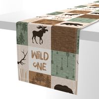 Wild One Quilt - green and brown - bear,  moose, deer, antlers, hunter