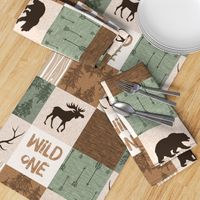 Wild One Quilt - green and brown - bear,  moose, deer, antlers, hunter