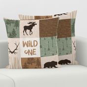 Wild One Quilt - green and brown - bear,  moose, deer, antlers, hunter