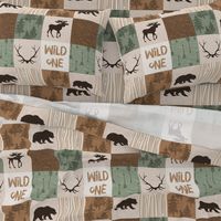 Wild One Quilt - green and brown - bear,  moose, deer, antlers, hunter