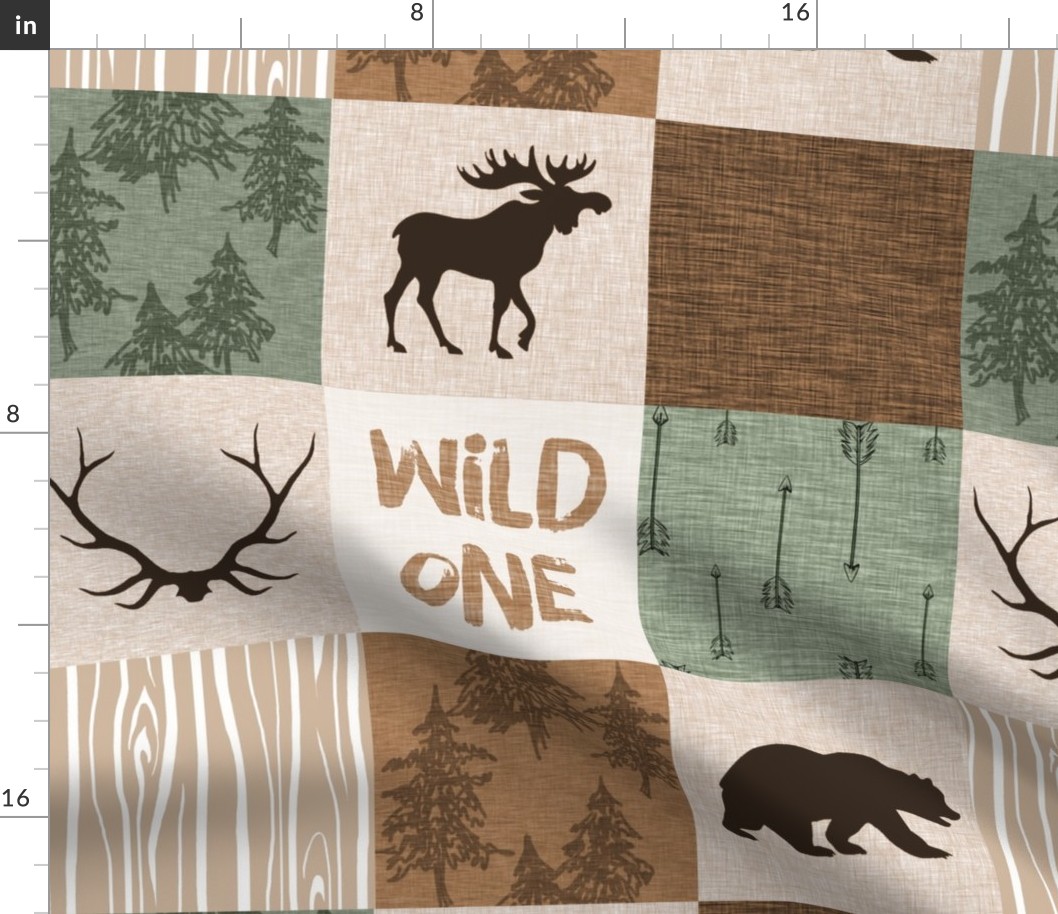 Wild One Quilt - green and brown - bear,  moose, deer, antlers, hunter- cheater quilt