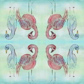 flamingos, blue, pink