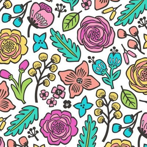 Flowers & Leaves Doodle Pink on White